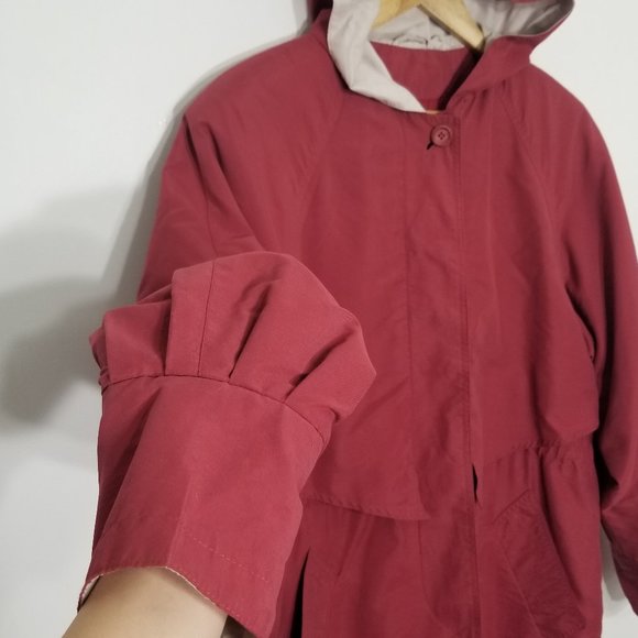 Utex Vintage Eaton's Red Wine Hooded Trench Coat Jacket Pocket Vented Small 90s - Picture 4 of 12